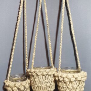Trio de Cachepôs Suspensos em Macramê - Juta Natural e Vidro Reciclado