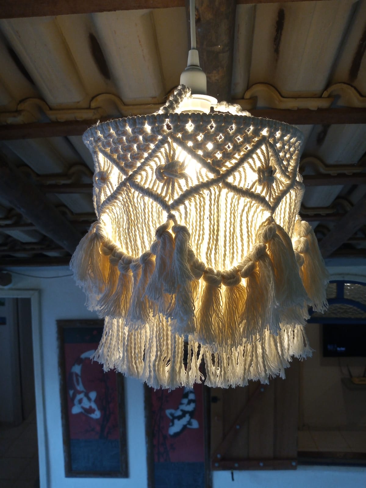 Luminária Pendente em Macramê Boho - Lustre Artesanal de Algodão